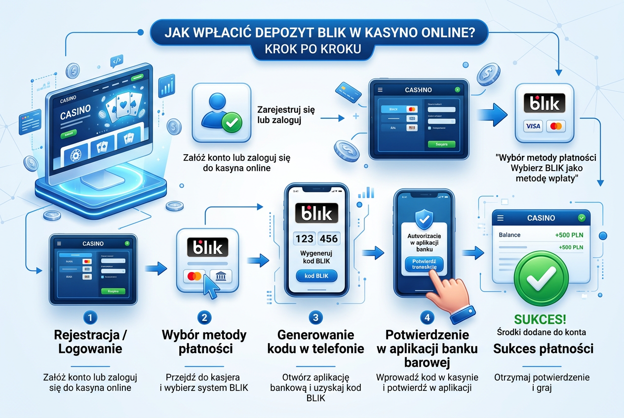 Infografika przedstawiająca krok po kroku proces płatności BLIK w kasynie online