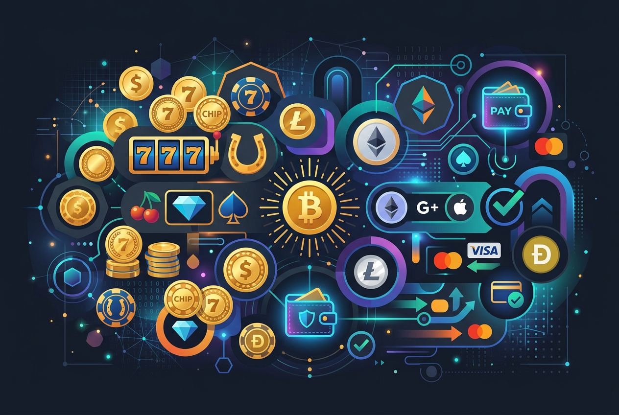 Abstract composition of high-quality casino symbols gold coins slot icons and digital payment logos