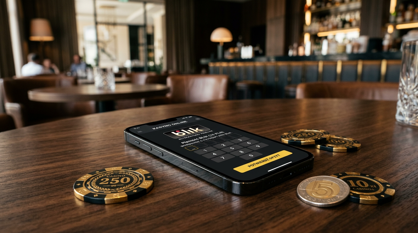 Smartphone displaying a BLIK payment screen for an online casino deposit with gold chips and PLN coins nearby.