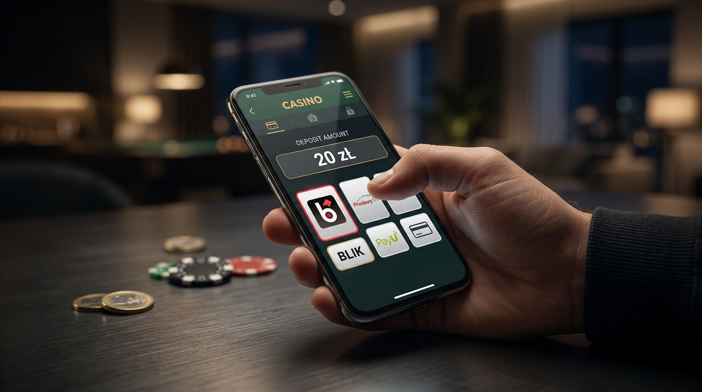 Złoty logotyp BLIK i żetony kasynowe nad ekranem nowoczesnego smartfona.