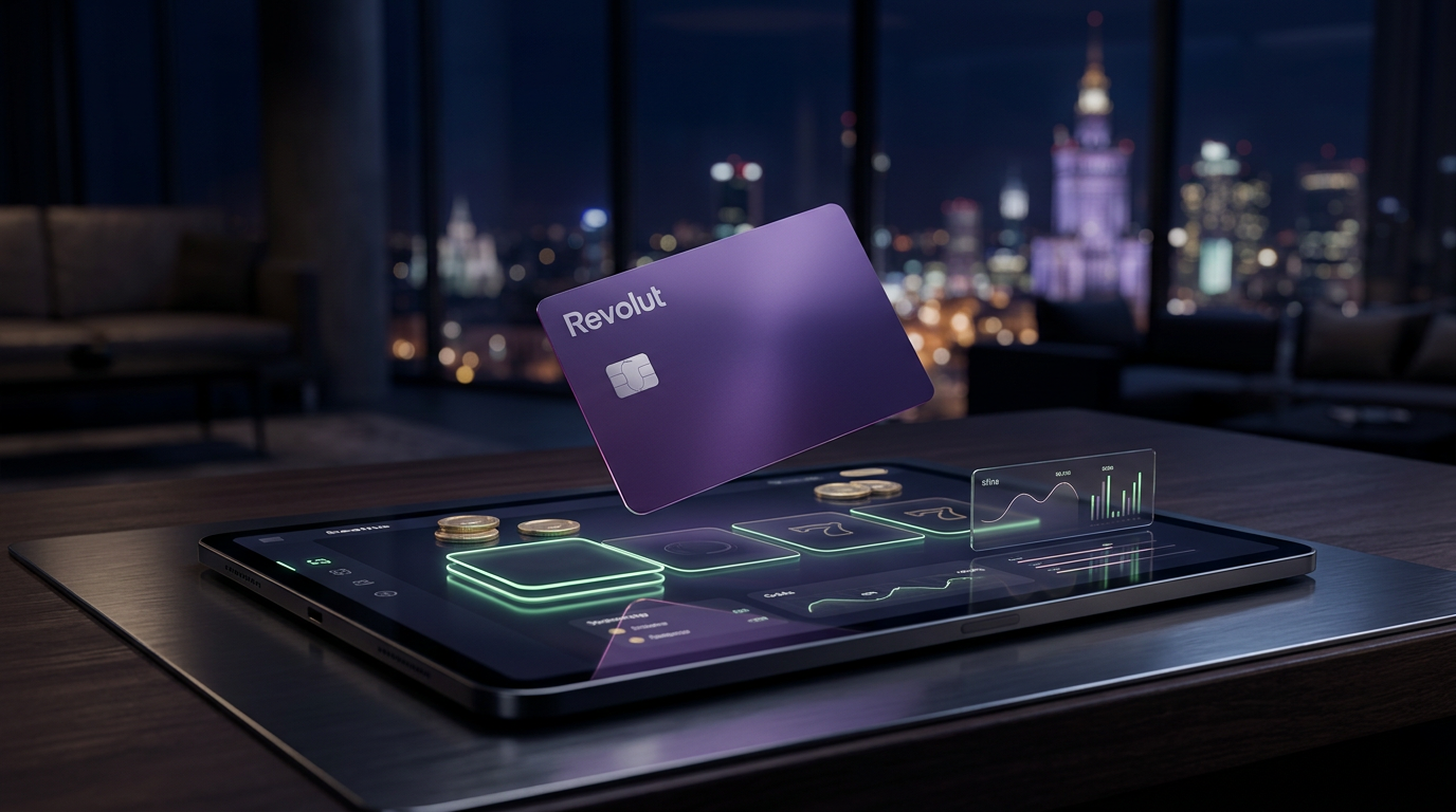 Karta Revolut na tle nowoczesnego interfejsu kasyna online i luksusowego wnętrza