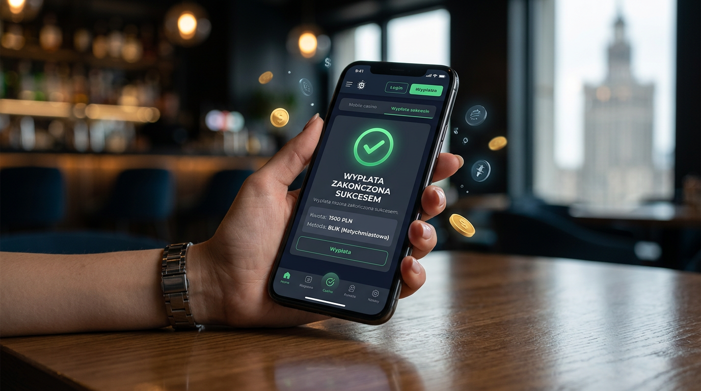 Smartfon z powiadomieniem o pomyślnej natychmiastowej wypłacie z kasyna online w otoczeniu cyfrowych monet.