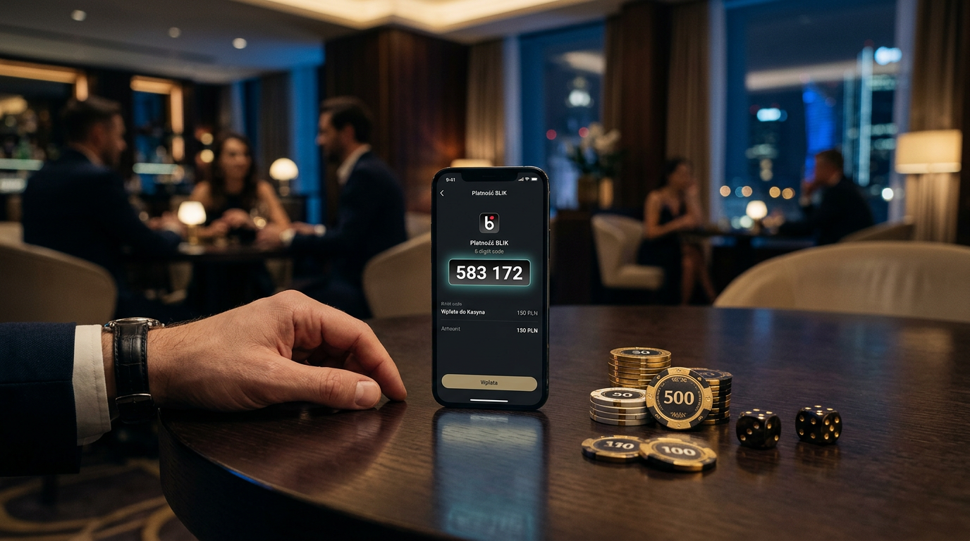 Smartfon z kodem BLIK na tle luksusowych akcesoriów kasynowych