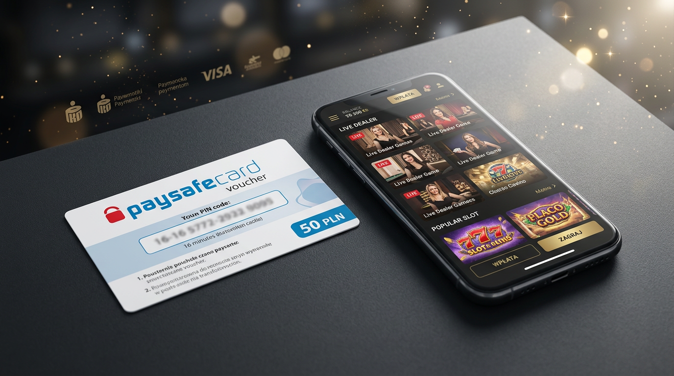 Paysafecard voucher and mobile casino app interface on a dark premium background.