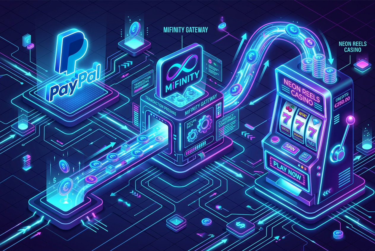 Infografika przedstawiająca przepływ środków z PayPal przez MiFinity do kasyna online