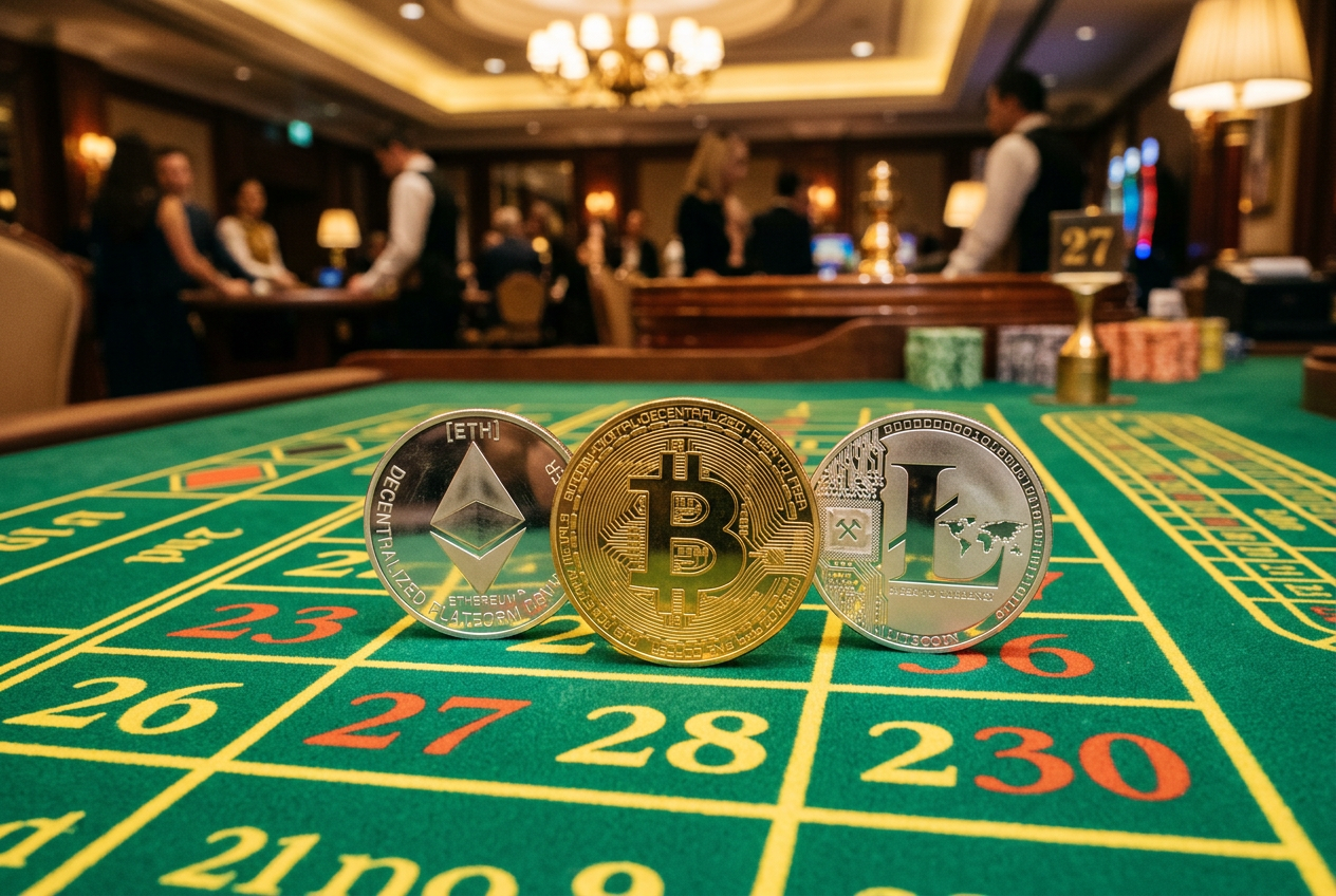 Zestaw monet Bitcoin, Ethereum, Tether i Litecoin na tle nowoczesnego kasyna