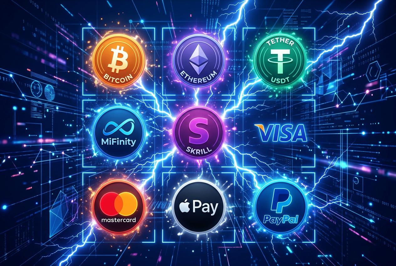 Ikony nowoczesnych metod płatności takich jak Bitcoin, MiFinity i Skrill symbolizujące szybkość transakcji