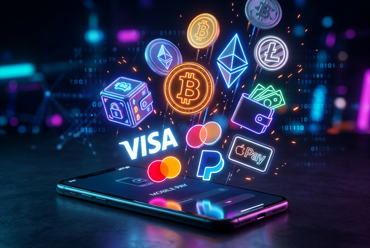 Render 3D przedstawiający różne metody płatności: krypto, karty oraz e-portfele nad smartfonem
