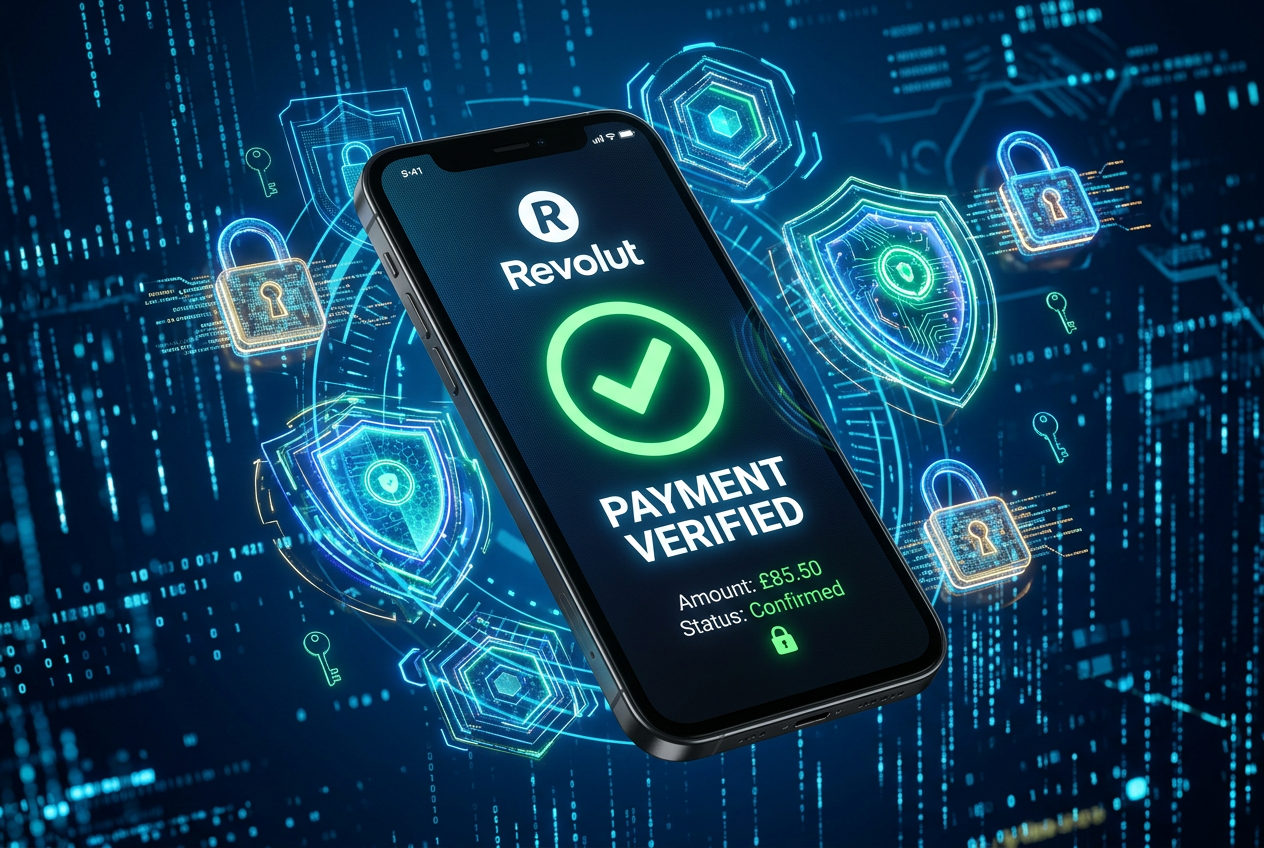 Abstrakcyjna grafika symbolizująca proces weryfikacji bezpieczeństwa i szybkości transakcji bankowych Revolut