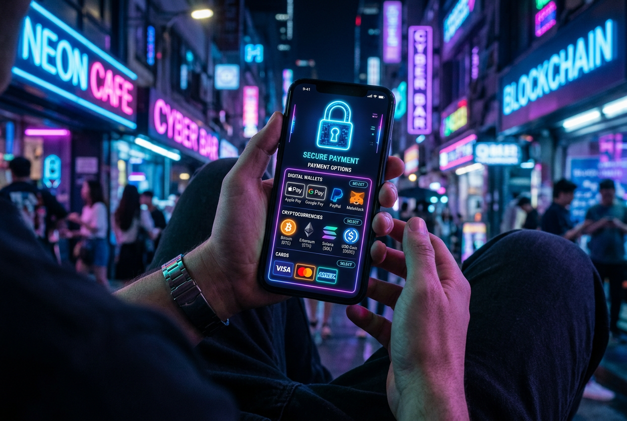 Person holding a smartphone displaying secure payment options with crypto and digital wallet icons