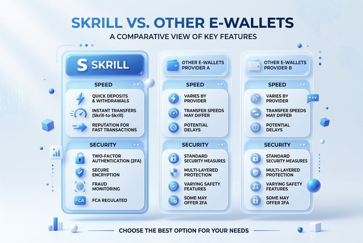 Infografika porównująca Skrill z innymi e-portfelami pod kątem szybkości i bezpieczeństwa